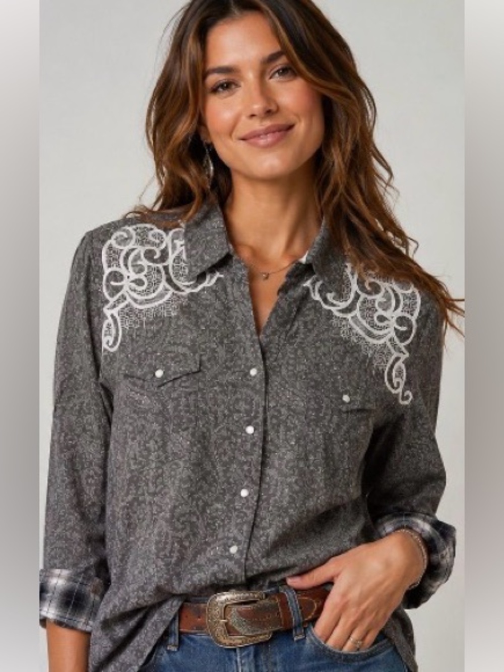 Panhandle Western Pearl Snap Shirt with White Embroidered Yoke Size L Gray EUC